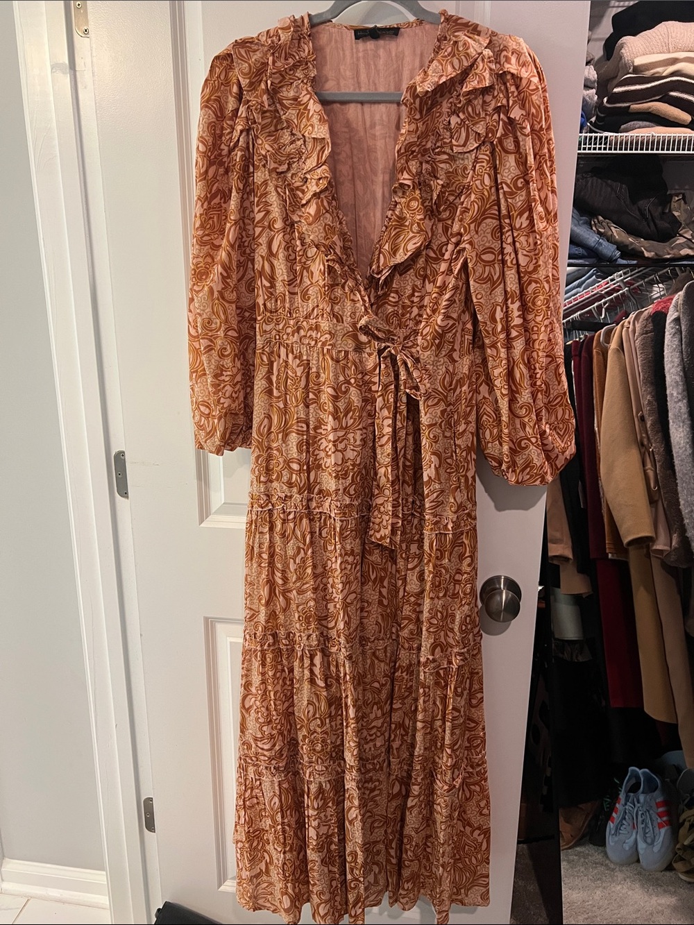 🍂House of Harlow Women's Rust Paisley Ruffle Wrap Maxi Dress🍂